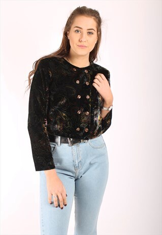 VINTAGE 80S CROPPED VELVET JACKET IN PAISLEY PATTERN