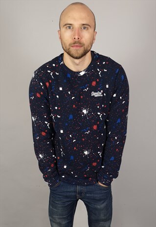 VINTAGE SUPERDRY PRINT SWEATSHIRT IN NAVY BLUE