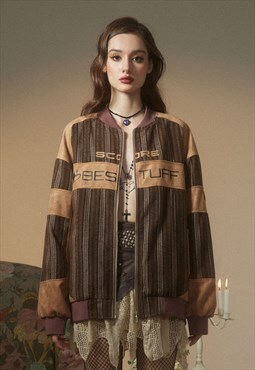 Striped varsity jacket retro bomber 70s inspired coat brown