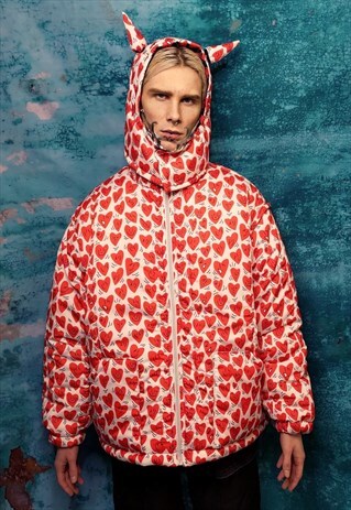 HEART BOMBER JACKET HANDMADE REVERSIBLE EMOJI PUFFER WHITE