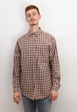 VINTAGE OVER SHIRT FLANNEL M CHECK PLAID LONG SLEEVE BUTTON