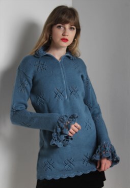 Vintage 1/4 Zip Crochet Patterned Jumper Blue