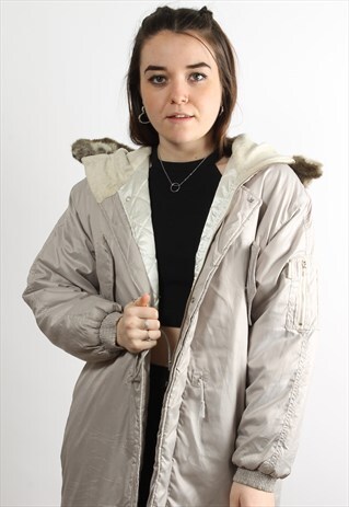 VINTAGE DKNY TRENCH COAT IN BEIGE WITH FAUX FUR HOOD