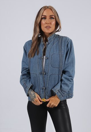 VINTAGE Y2K DENIM JACKET FLORAL PRINT LINED UK 10 S (CF6H)
