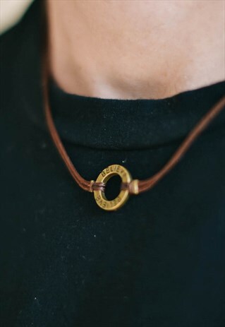 BELIEVE NECKLACE FOR MEN BRONZE CIRCLE BROWN CORD FOR HIM