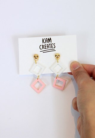 DIAMOND SQUARE DANGLE STUD EARRINGS IN WHITE AND PINK