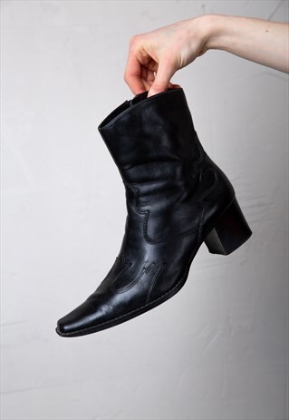 VINTAGE FAUX LEATHER BLACK COWBOY ANKLE BOOTS