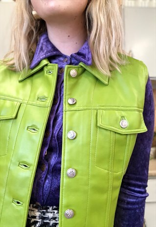 VINTAGE 90S FAUX LEATHER GREEN SLEEVELESS JACKET