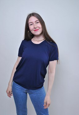 Vintage minimalist blue blouse, women every day shirt 