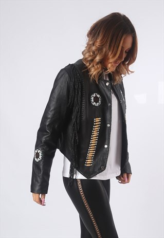 LEATHER TASSEL BIKER JACKET VINTAGE BEADED UK 12 (AQ1B)