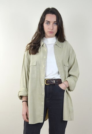 90S VINTAGE CREAM TWO POCKET LONG SLEEVE FLANNEL SHIRT