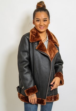 VINTAGE SHEARLING COAT FAUX FUR LINED JACKET IN BLACK UK 20
