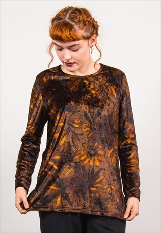 VINTAGE 90'S BROWN VELVET FLORAL PATTERN LONG SLEEVE TOP
