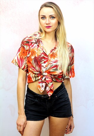 1990S VINTAGE VISCOSE ORANGE AND RED TROPICAL PRINT SHIRT