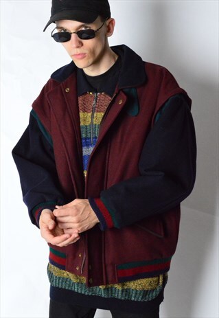 VINTAGE BURGUNDY NAVY BLUE WOOL BLEND WINTER BOMBER JACKET