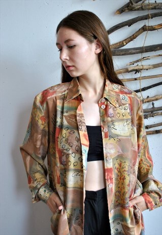 80S OVERSIZE BROWN FLORAL BLOUSE, VINTAGE WATERCOLOR SHIRT