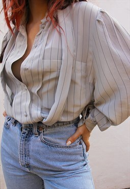 Pale Grey Pinstripe Long Sleeved Silky Blouse with Neck 