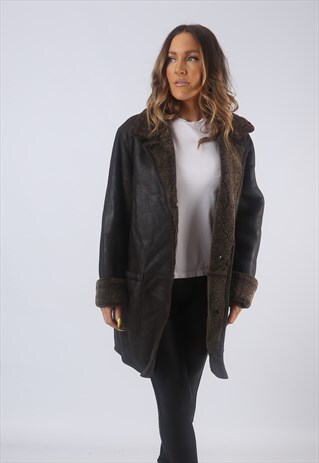 VINTAGE LEATHER SHEEPSKIN SHEARLING COAT UK 14 (B3D