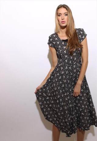 VINTAGE 1990'S 90'S BLACK WHITE POLKA DOT DAISIES DRESS S-M