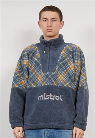 VINTAGE 80'S BLUE TARTAN QUARTER ZIP HEAVY TEDDY FLEECE