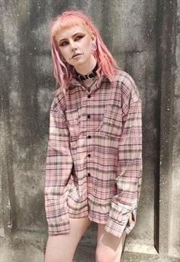 Tartan check shirt oversize plaid retro blouse pastel pink