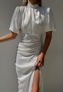 Amanda Ruched Halterneck Dress in White