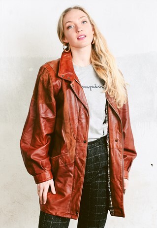 VINTAGE 80S 90S BROWN LEATHER COAT