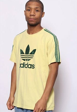 VINTAGE ADIDAS EMBROIDERED LOGO 3 STRIPE T-SHIRT YELLOW