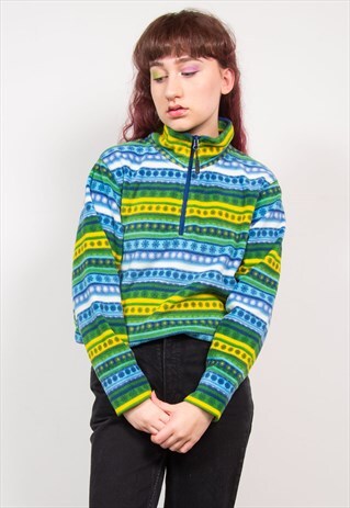 VINTAGE 90'S GREEN & BLUE STRIPED PATTERN QUARTER ZIP FLEECE