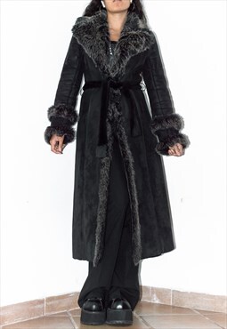Vintage Y2k Belted Black Long Fluffy Faux Fur Afghan Coat
