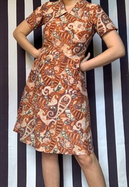 Vintage 70s mini orange paisley brown collared dress, Uk10