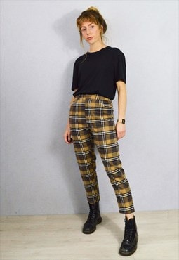 Brushed Cotton Check High Waisted Cigarette Pants Brown 