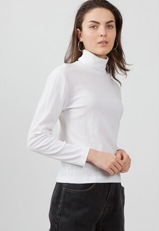 VINTAGE WHITE BRI NYLON LONG SLEEVE TURTLE ROLL NECK TOP