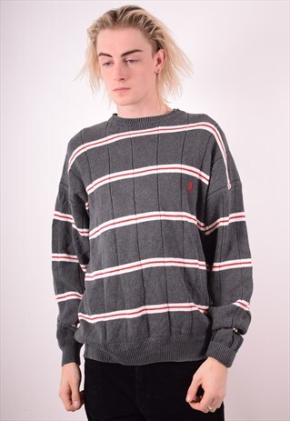 NAUTICA MENS VINTAGE JUMPER SWEATER XL GREY STRIPES 90S