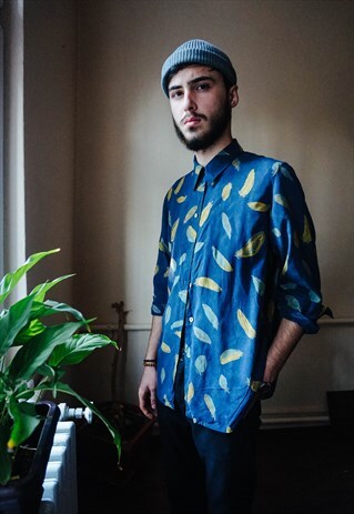 VINTAGE FEATHER PATTERNED BLUE SHIRT