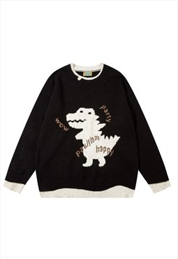 Dinosaur sweater peace slogan knitwear jumper in black