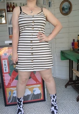 Vintage 90s Cream Stripes Stripey Summer Mini Ribbed Dress
