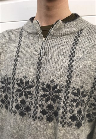 MENS VINTAGE 80S JUMPER GREY WOOL SWEATER PULLOVER FAIRISLE
