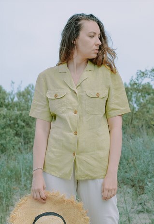 LINEN SHORT SLEEVE SHIRT YELLOW SUMMER PADDED SHOULDERS L