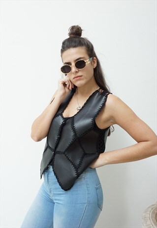 VINTAGE 80S FAUX BLACK LEATHER CROCHET GILET