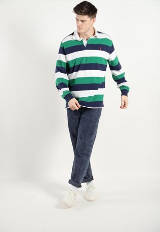 VINTAGE RALPH LAUREN STRIPED RUGBY POLO TOP BLUE WHITE GREEN