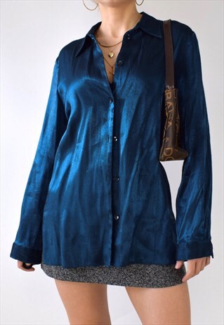 VINTAGE 90S IRIDESCENT METALLIC TEAL SHIMMERY SATIN SHIRT