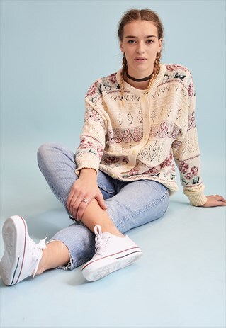 90'S RETRO FLORAL PATTERN NEUTRAL KNIT MOMS CARDIGAN
