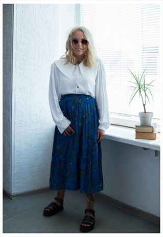 VINTAGE 80'S BLUE PATTERNED HIGH WAISTED MIDI SKIRT