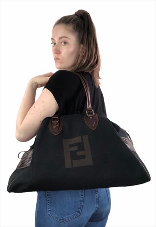 WOMENS FENDI HANDBAG BLACK BROWN ZUCCA FF BAG