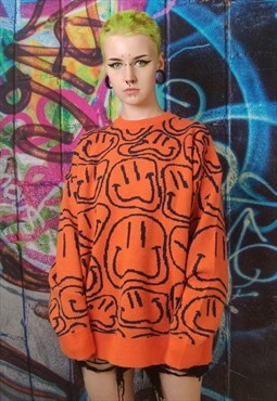 Emoji sweater smiley print knitted jumper in y2k top orange