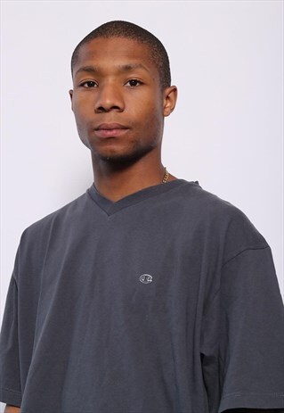 VINTAGE CHAMPION CHEST LOGO V-NECK T-SHIRT GREY
