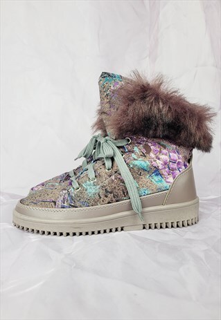 90S VINTAGE PURPLE ABSTRACT PRINT FURRY WINTER ANKLE SHOES