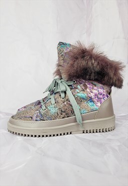 90s vintage purple abstract print furry winter ankle shoes