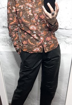 70s Brown Floral Cotton Shirt / Blouse - M